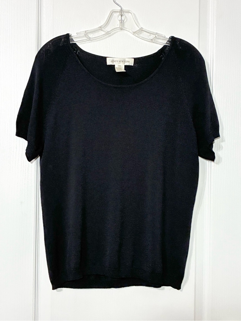 VTG 90s Jones New York Rayon Nylon Short Sleeve Fine Knit Sweater Navy XL
